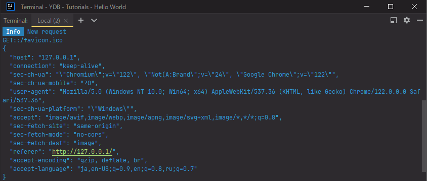 The log about registration of get-request to the "/favicon" route headed "New request" is being displaying by blue color in the console. The web application has been written by Node.js/TypeScript with "Yamato Daiwa Backend" framework. (abbreviation: "YDB").