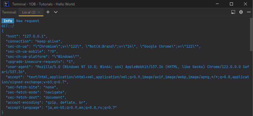 The log about registration of get-request to the root route headed "New request" is being displaying by blue color. The web application has been written by Node.js/TypeScript with "Yamato Daiwa Backend" framework. (abbreviation: "YDB").