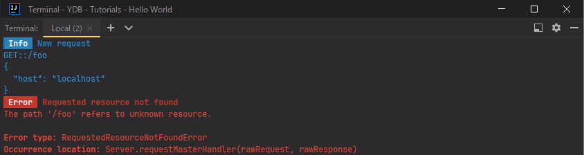 The log about registration of get-request to the "/foo" route headed "New request" is being displaying by blue color in the console. Then, the log about reference to the unknown resource headed "Requested resource not found" is being displaying by red color in the console. The web application has been written by Node.js/TypeScript with "Yamato Daiwa Backend" framework. (abbreviation: "YDB").